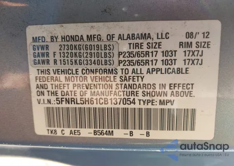 2012 Honda Odyssey Ex-L from USA, damaged, VIN 5FNRL5H61CB137054